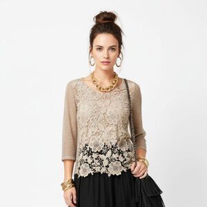 Tan Crochet Layered Half Sleeve Italian Top By New Collection S Small NEW